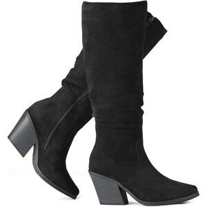 〽️Women's Black Putu Pointed Toe Knee High Boots Faux Suede Heel Side Zipper